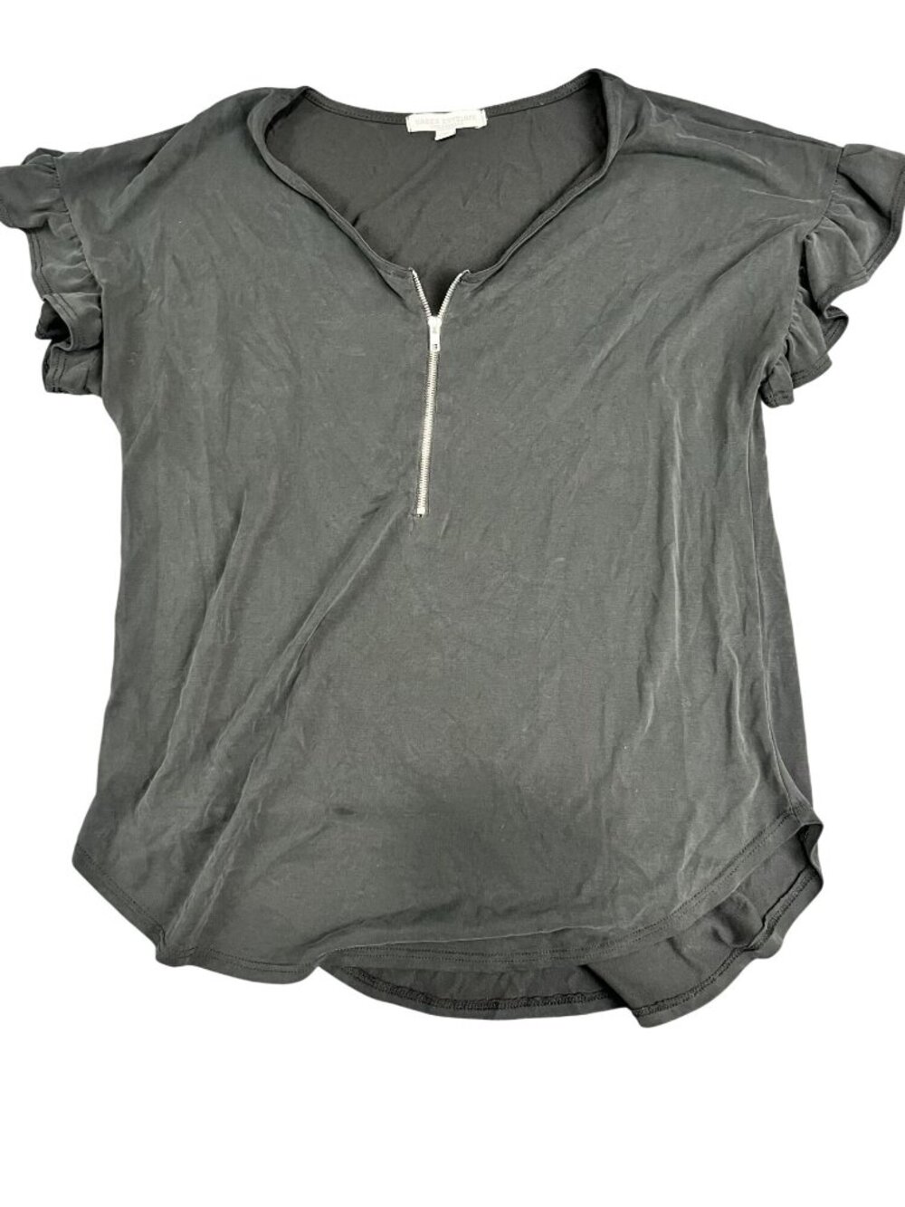 Green Envelope Los Angeles Black Short Sleeve Ruffle Quarter Zip Top Size M